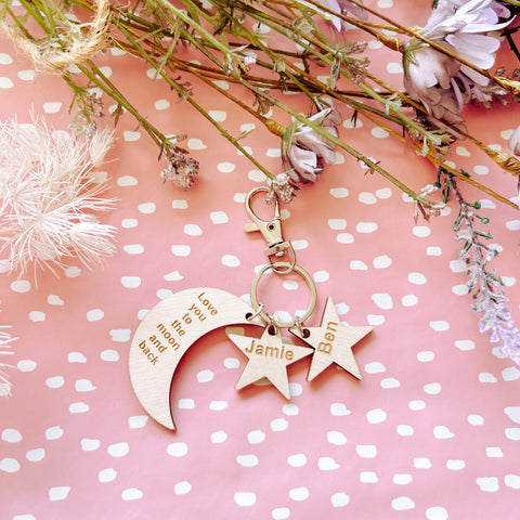 Rustic Star and moon shaped Personalised Keyring for mum