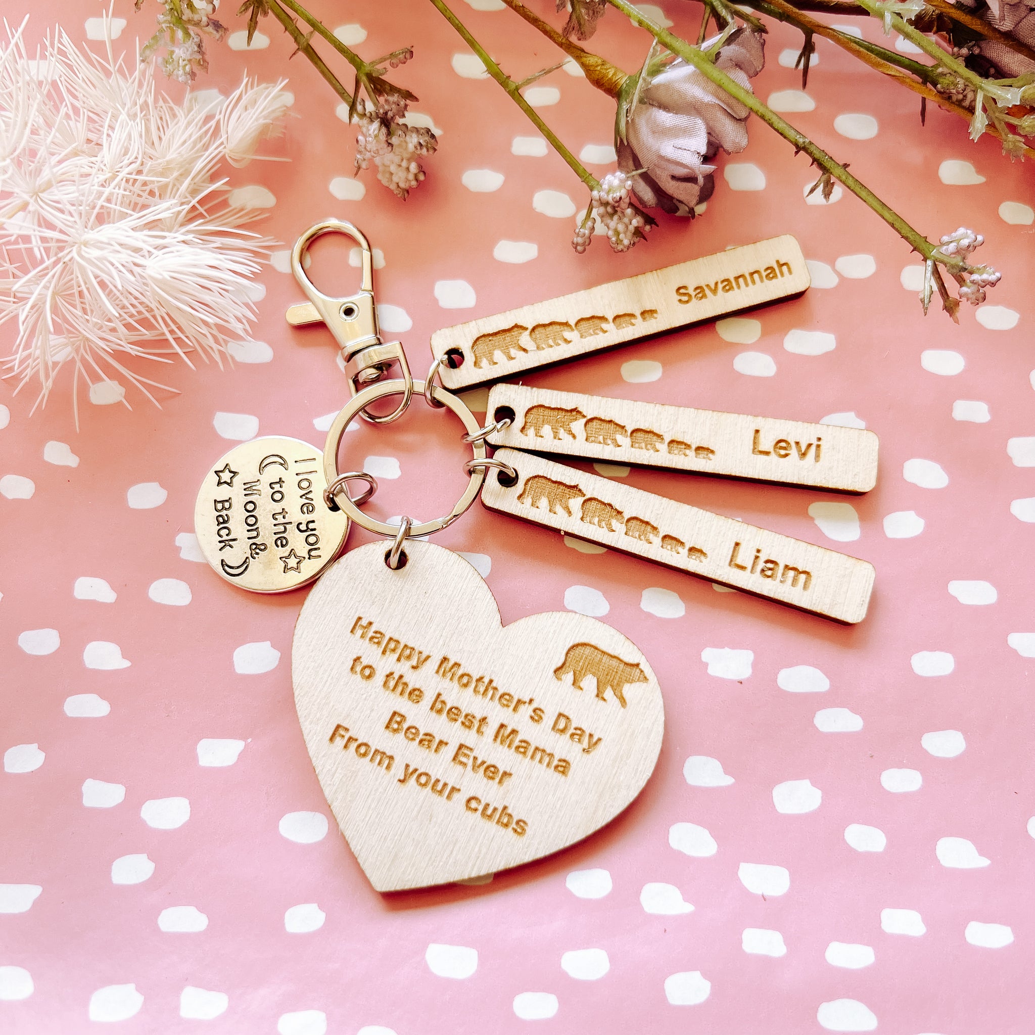 Rustic Wooden Mother's Day Bear Keyring