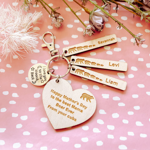 Rustic Wooden Mother's Day Bear Keyring