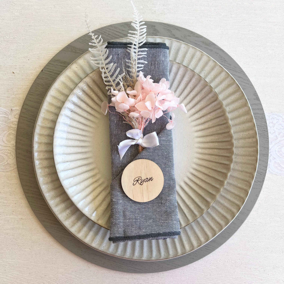 Engraved Table Setting Rustic wood round wedding table place cards engraved – Engrave It Studio