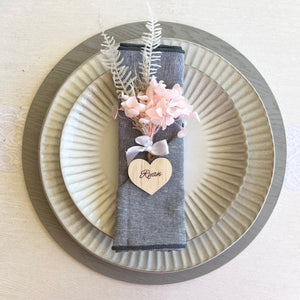 Rustic wood Heart shaped wedding table place cards engraved