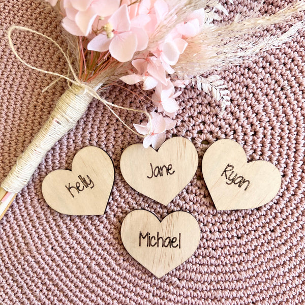 Rustic wood Heart shaped wedding table place cards engraved