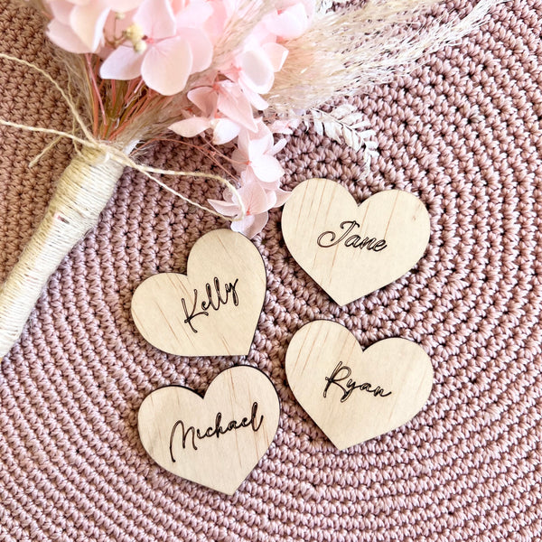 Rustic wood Heart shaped wedding table place cards engraved