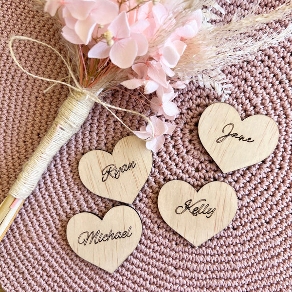 Rustic wood Heart shaped wedding table place cards engraved