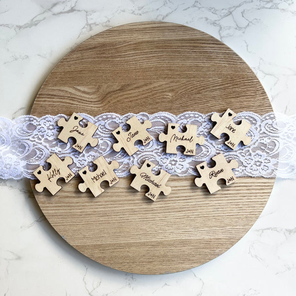 Wedding place cards Jigsaw rustic wood engraved