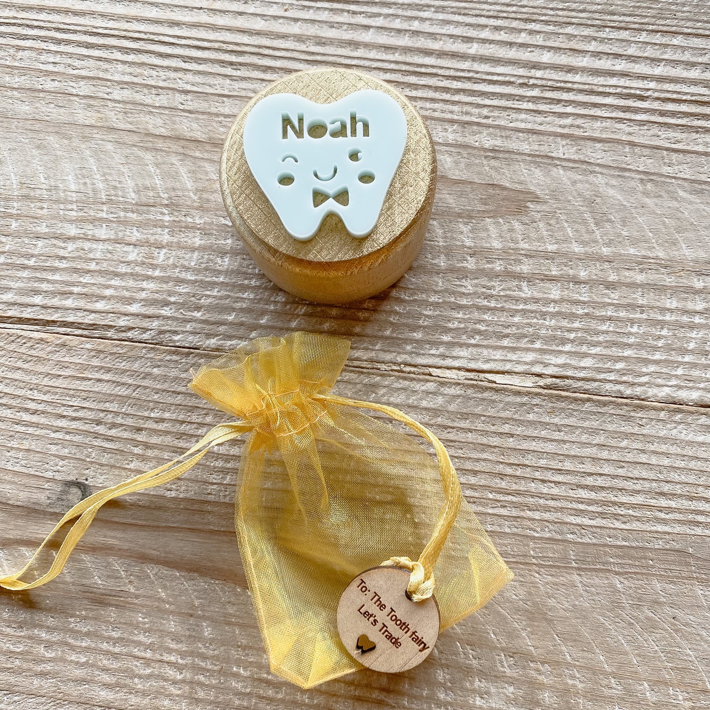 Gold Painted Personalised wooden tooth fairy box and tooth pouch