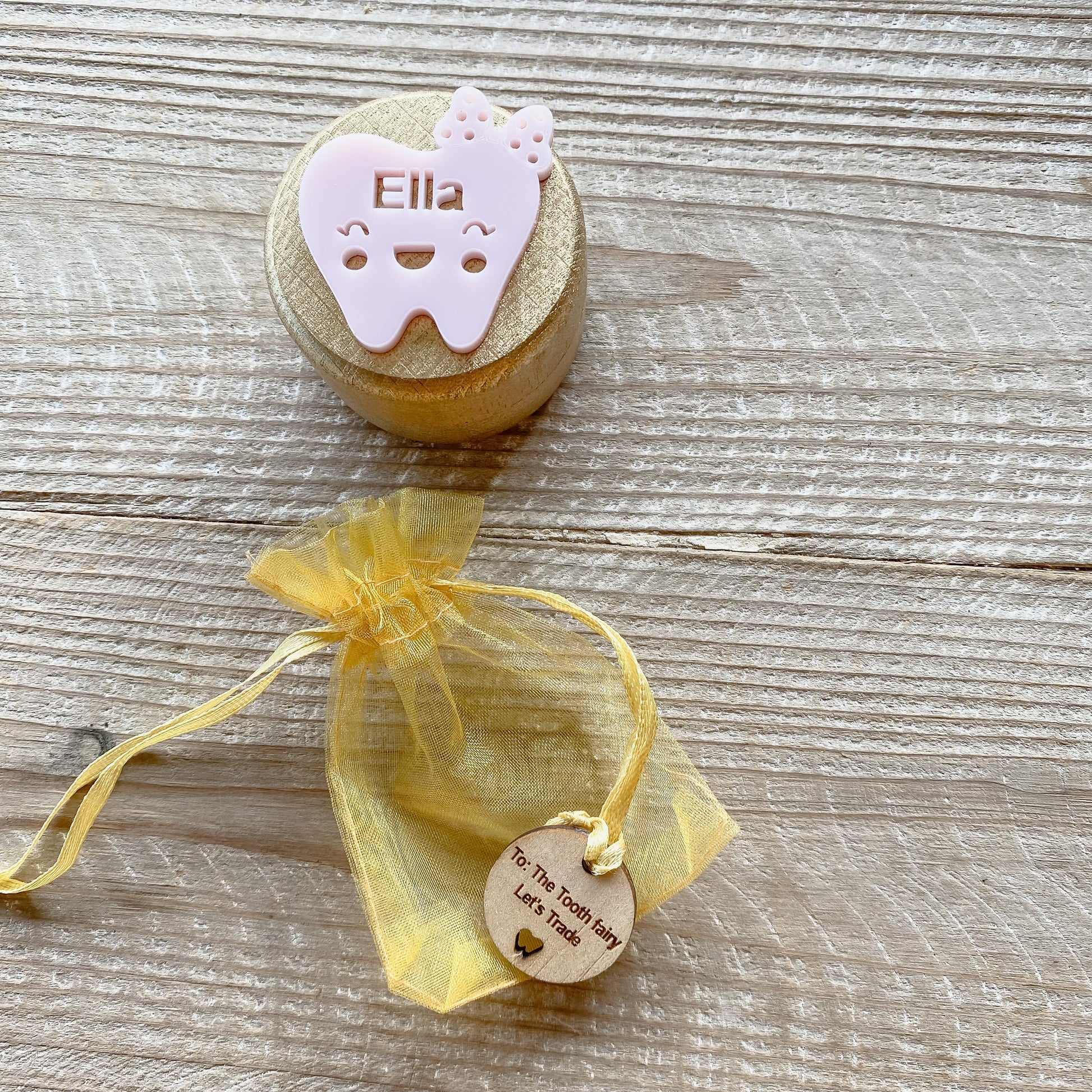 Gold Painted Personalised wooden tooth fairy box and tooth pouch