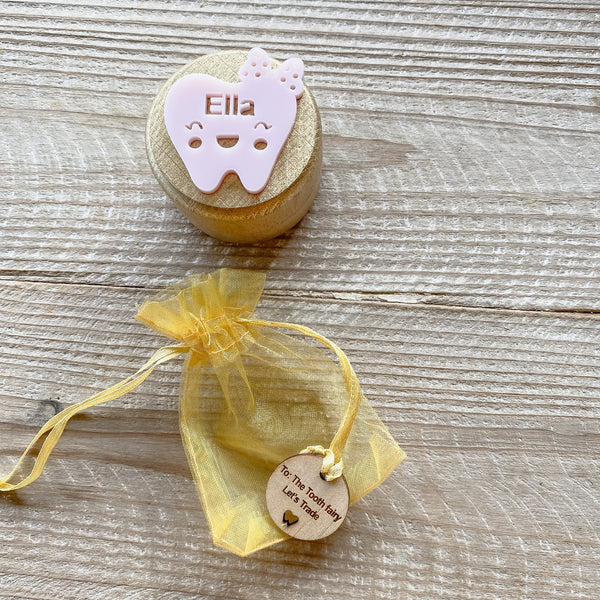 Gold Painted Personalised wooden tooth fairy box and tooth pouch