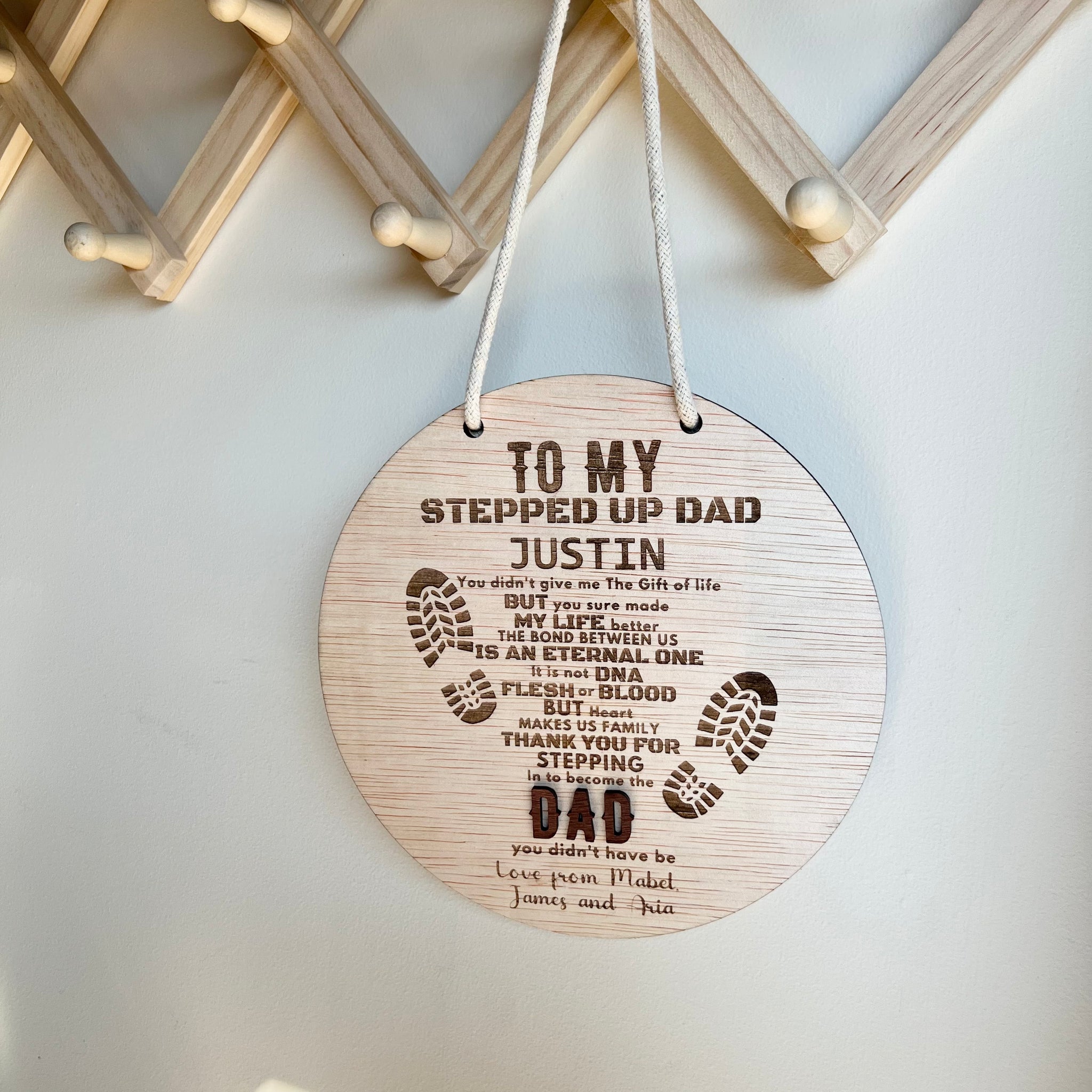 Personalised Stepped Up Dad Hanging Plaque sign Wood Engraved