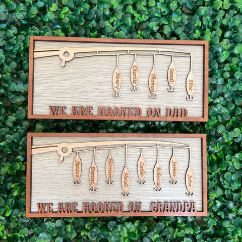 Hooked on Dad / Grandpa Personalised engraved wood plaque