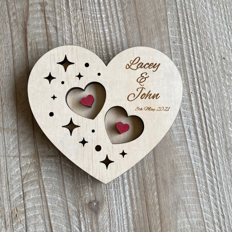 Personalised wooden ring plate with red hearts (Alternative to ring box custom made)
