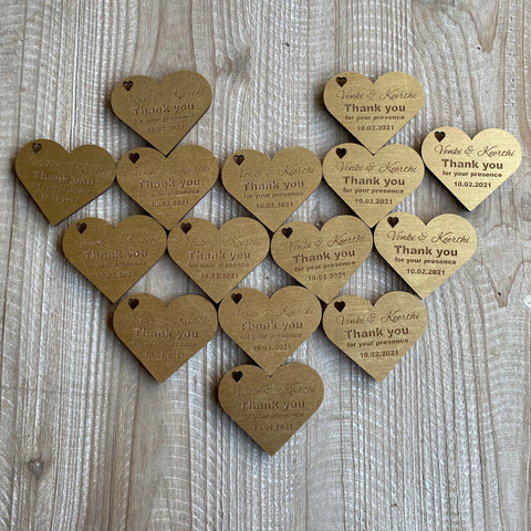 Personalised Wooden Rustic Heart Shaped Thank You Magnets
