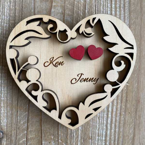 Personalised wooden ring plate with red hearts (Alternative to ring box custom made)