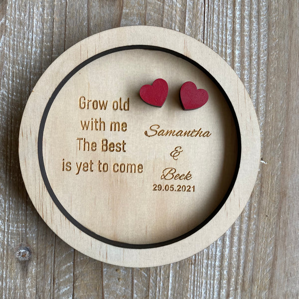 Personalised wooden ring plate with red hearts (Alternative to ring box custom made)