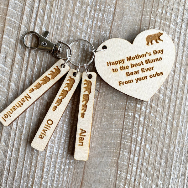 Rustic Wooden Mother's Day Bear Keyring