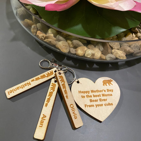 Rustic Wooden Mother's Day Bear Keyring