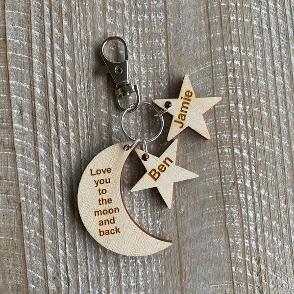 Rustic Star and moon shaped Personalised Keyring for mum