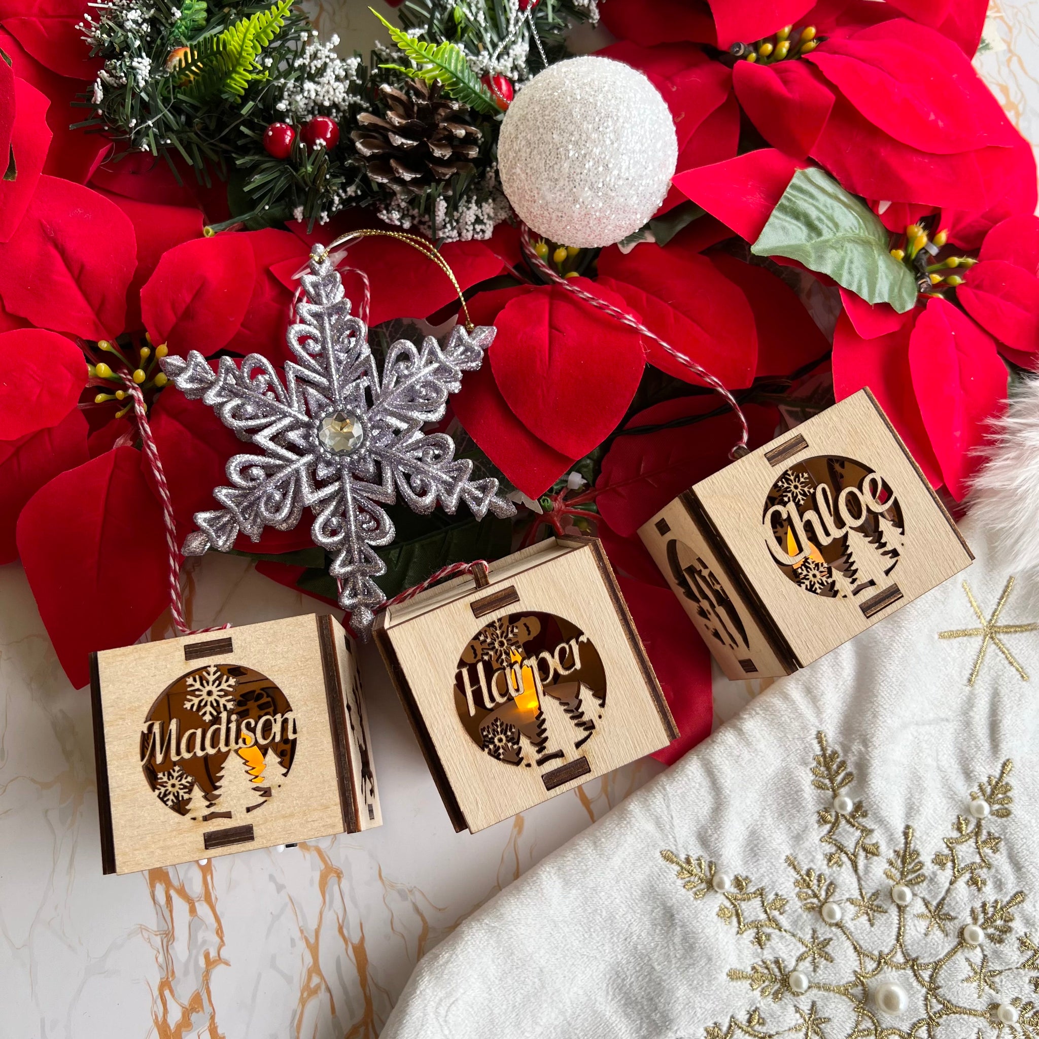 Personalised Square led handcrafted tree ornament