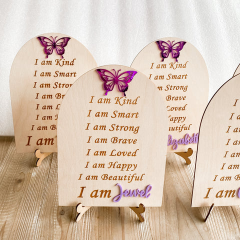 Personalised Wooden Affirmation Engraved board butterfly