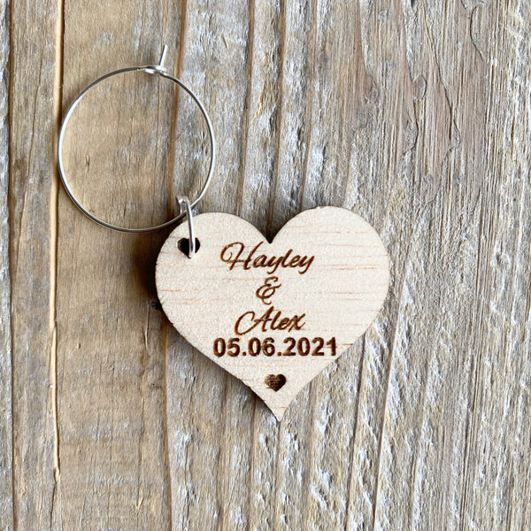 Personalised Heart Shape Wedding Rustic Wooden ply Wine Charms