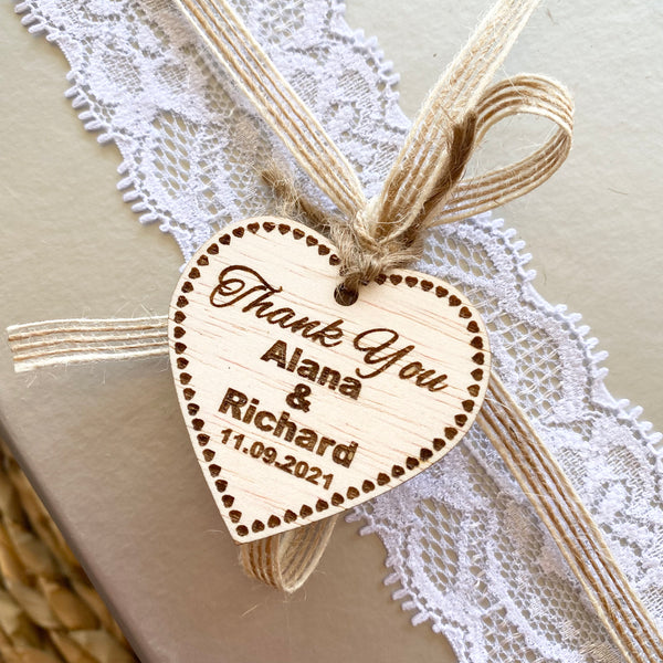 Personalised Wooden Rustic Heart Shaped Thank You Gift Tags