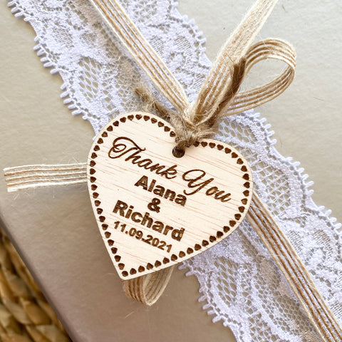 Personalised Wooden Rustic Heart Shaped Thank You Gift Tags