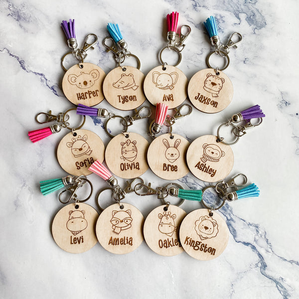 Personalised animal wood bag tags key rings