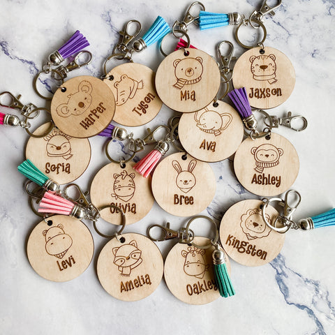 Personalised animal wood bag tags key rings