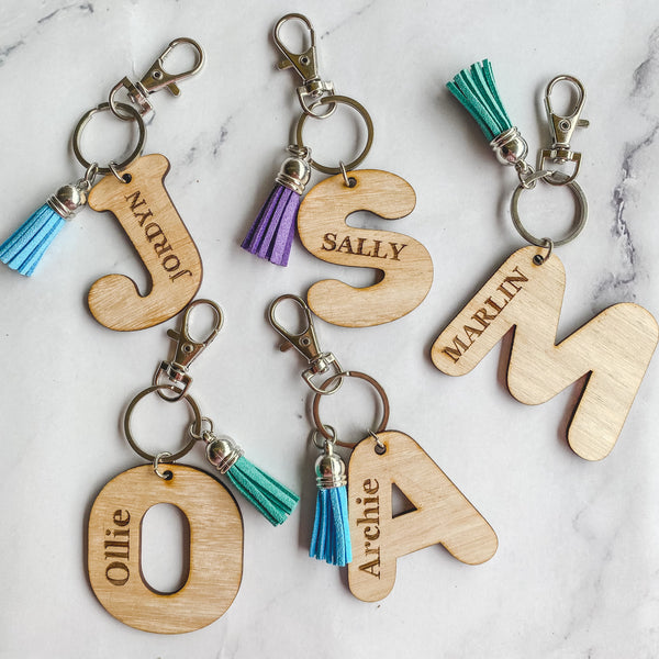 Wooden Personalised engraved bag tag key rings