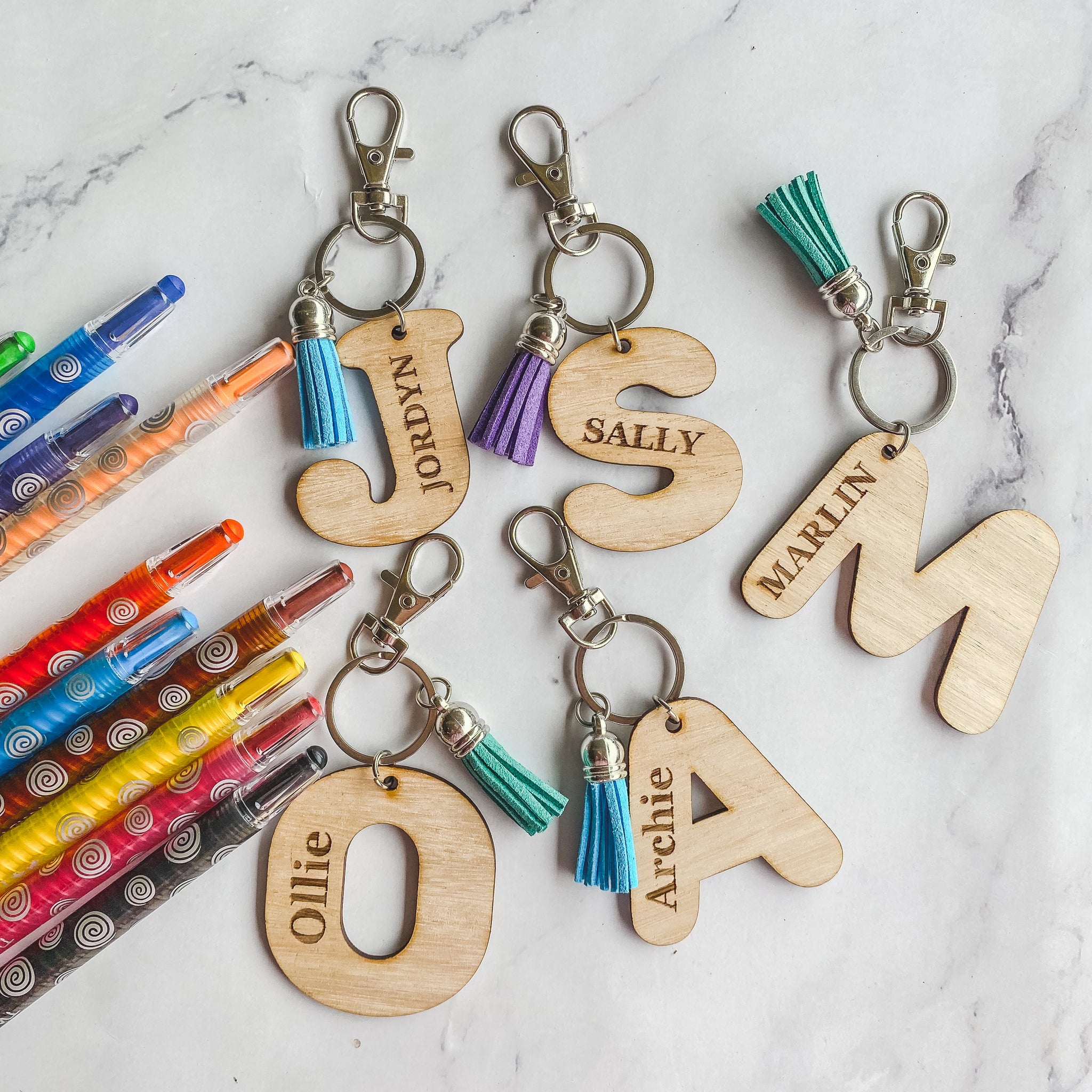 Wooden Personalised engraved bag tag key rings