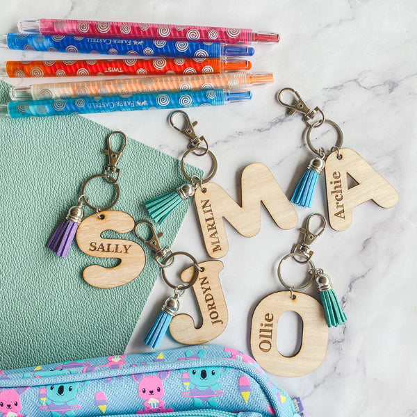 Wooden Personalised engraved bag tag key rings