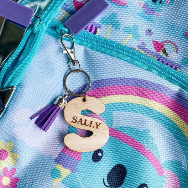 Wooden Personalised engraved bag tag key rings