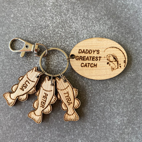Personalised Rustic Engraved Fishing Keyring for Dad.