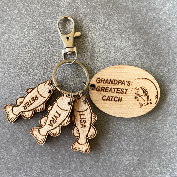 Personalised Rustic Engraved Fishing Keyring for Dad.