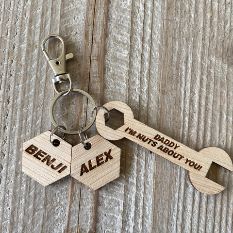 Personalised Rustic Engraved Spanner and bolt Keyring for Dad