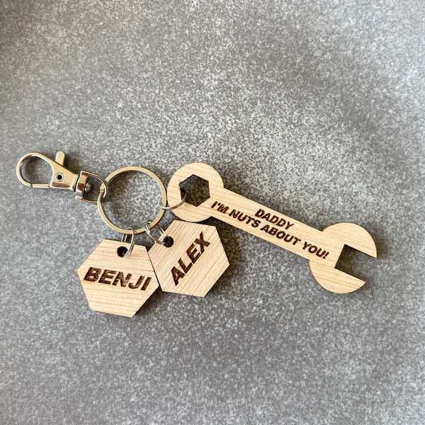 Personalised Rustic Engraved Spanner and bolt Keyring for Dad