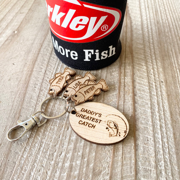 Personalised Rustic Engraved Fishing Keyring for Dad.