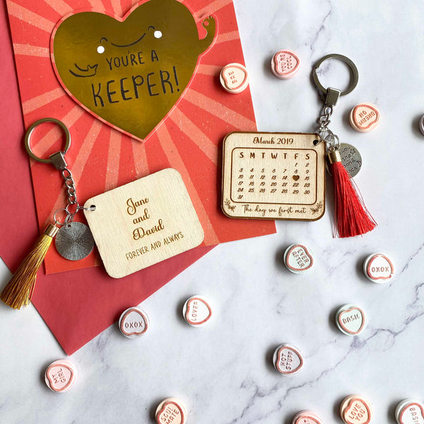 Wood Anniversary day we first met calendar Key ring personalised