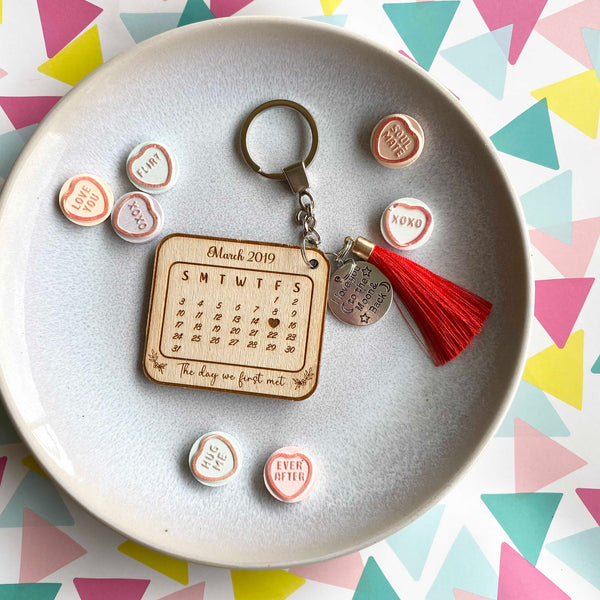 Wood Anniversary day we first met calendar Key ring personalised