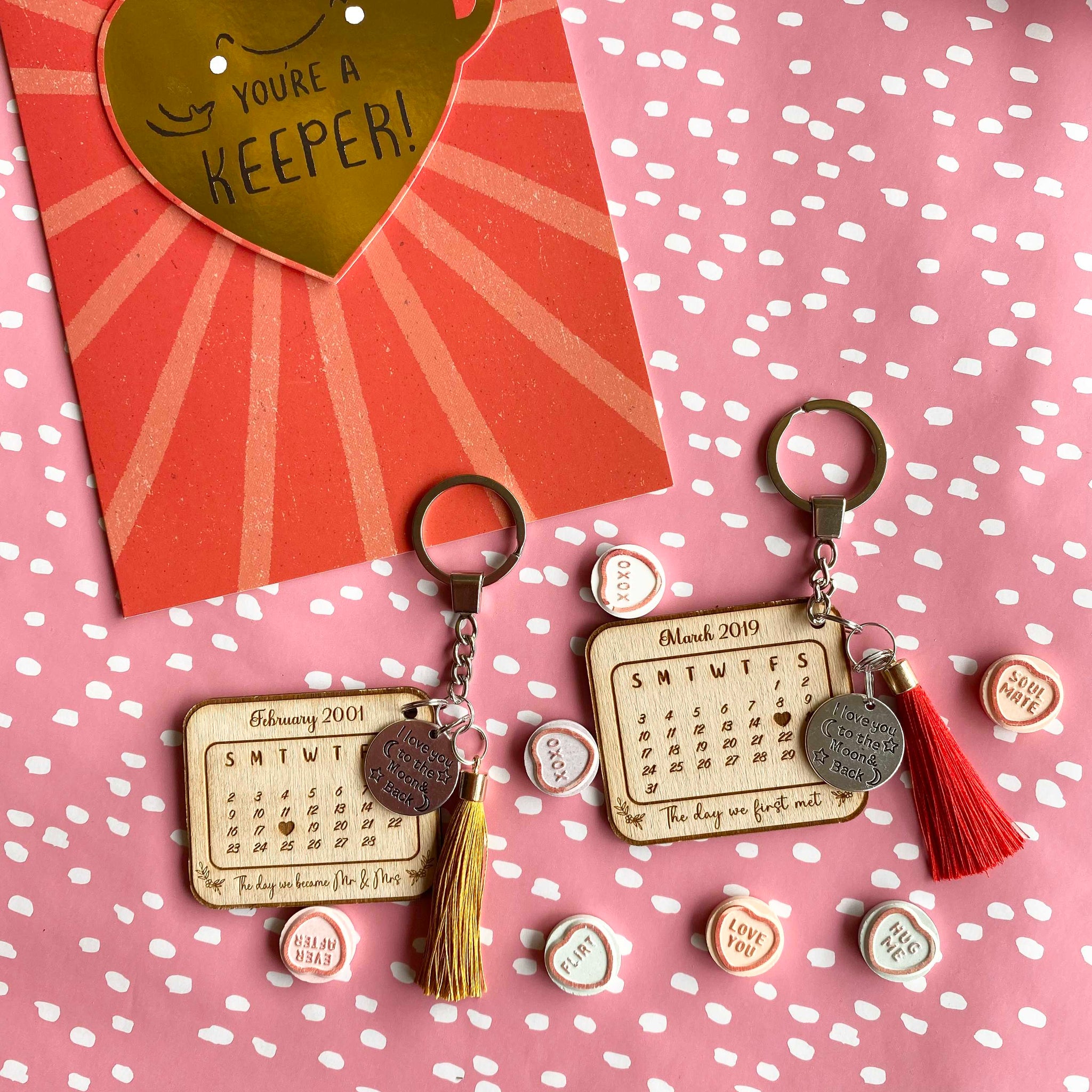 Wood Anniversary day we first met calendar Key ring personalised