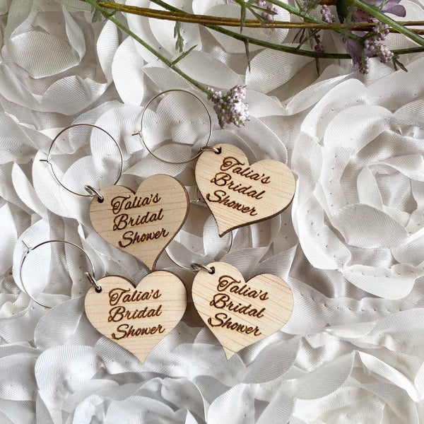 Personalised Heart Shape Wedding Rustic Wooden ply Wine Charms