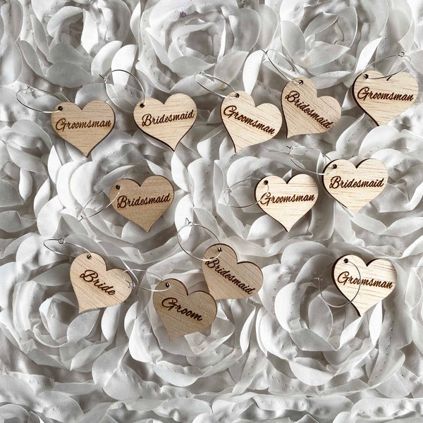 Personalised Heart Shape Wedding Rustic Wooden ply Wine Charms