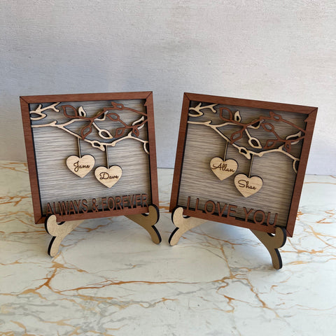 Couples Personalised engraved heart frames with mini easel