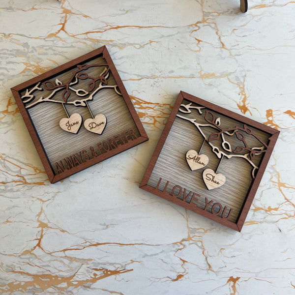 Couples Personalised engraved heart frames with mini easel