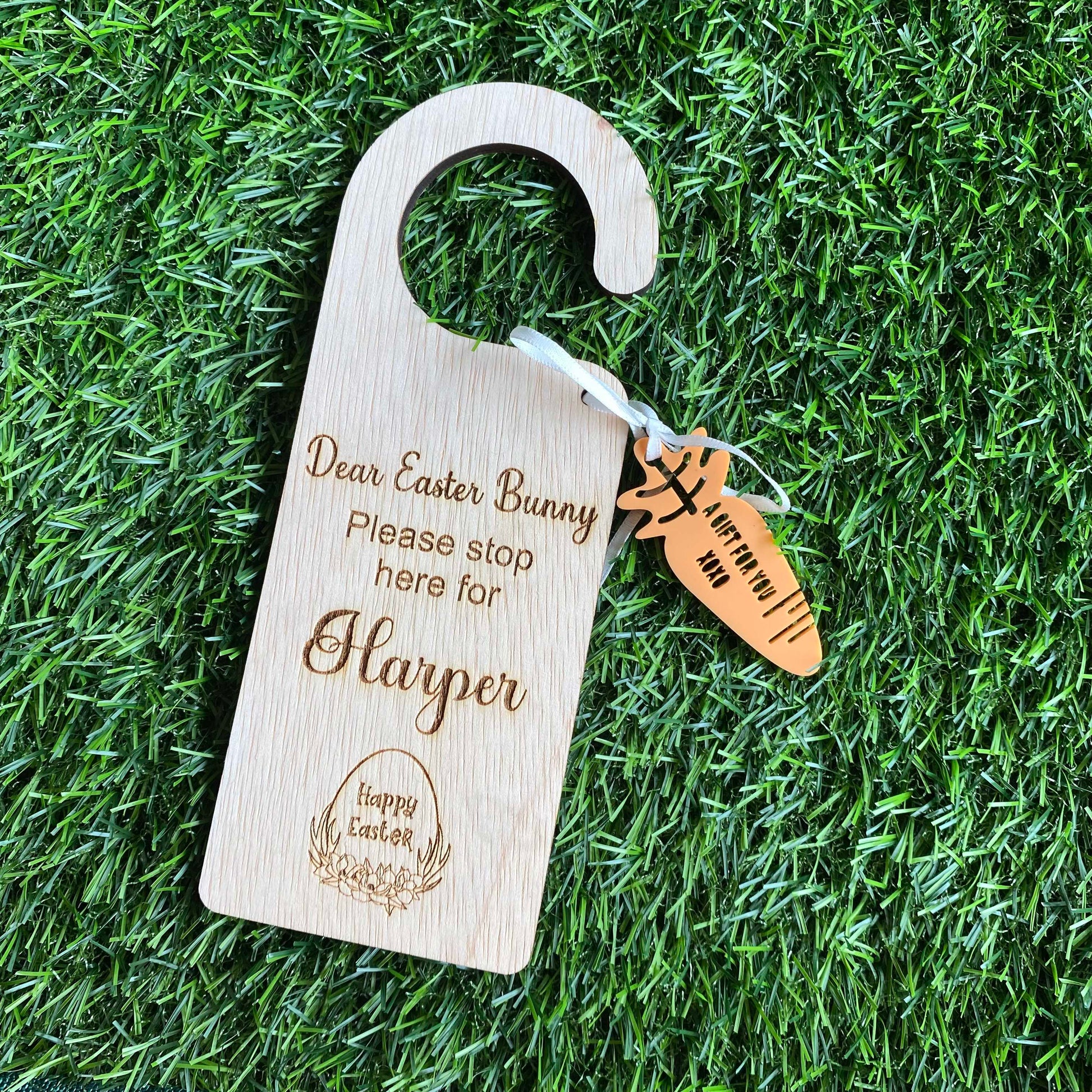 Please stop here Easter Bunny Door Hanger Sign wooden engraved