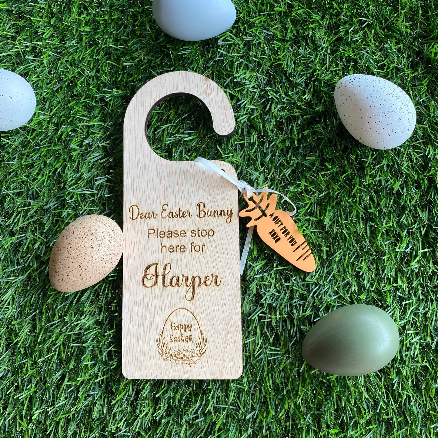 Please stop here Easter Bunny Door Hanger Sign wooden engraved