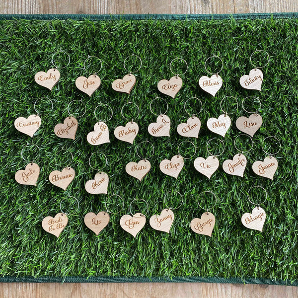 Personalised Heart Shape Wedding Rustic Wooden ply Wine Charms