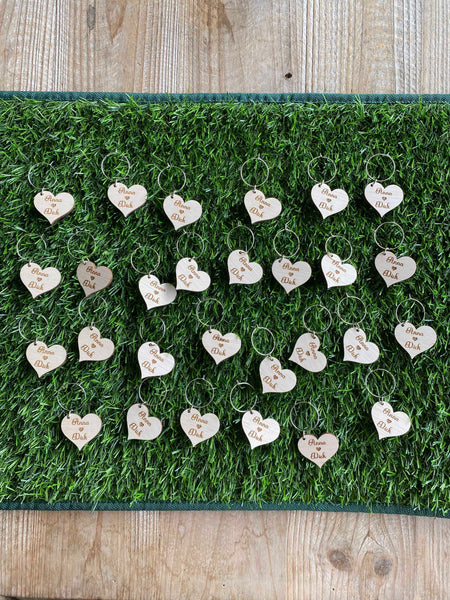 Personalised Heart Shape Wedding Rustic Wooden ply Wine Charms