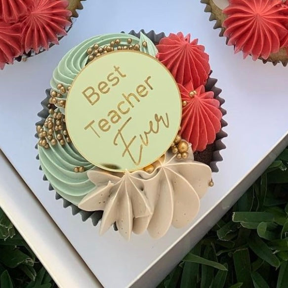 Best Teacher Ever Cupcake Topper Pack of 4 Gold Acrylic