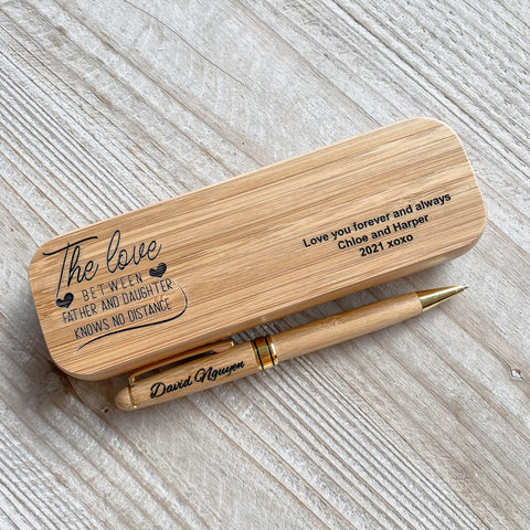 Father's Day Bamboo Engraved ball point black pen and case set Great gift Idea